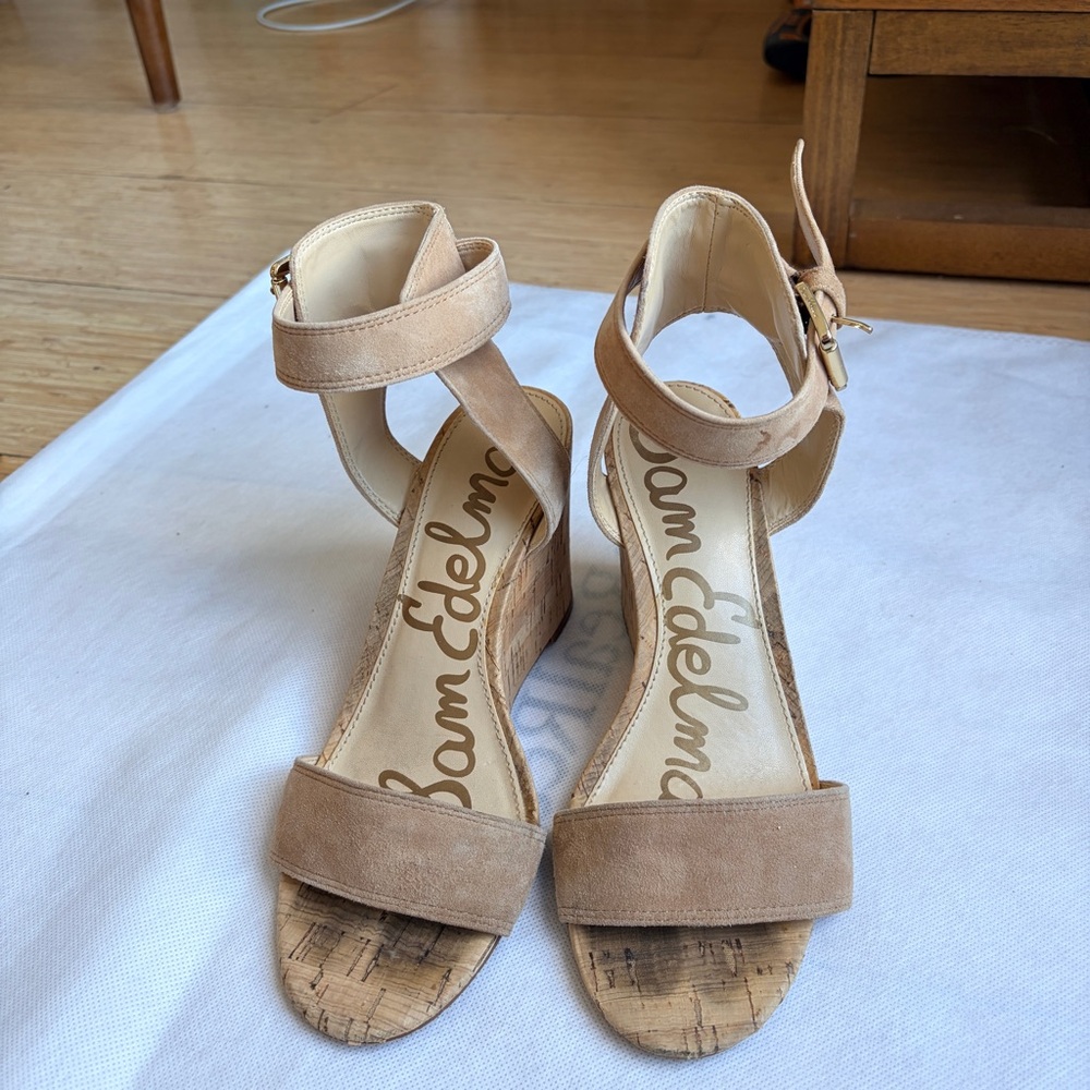 Sam Edelman Willow Cork Wedge Sandals | Tan Suede | Size 6M / 36